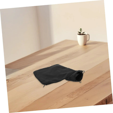 Heavy Duty Sawdust Collection Bag For Miter Saws And Bench Planers Featuring No Sweat Setup, black fabric pouch on wooden table.
