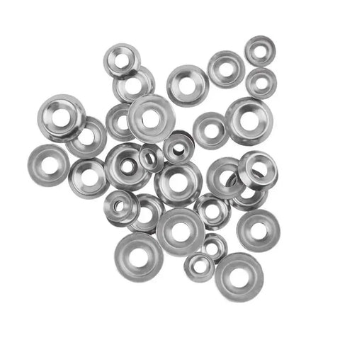 180 Piece 304 Stainless Steel Countersunk Finishing Cup Washer Set For DIY Pros And Gearheads Conical Gasket Shims Sizes 6, 8, 10 And 12 Silver Finish Hardware Essentials Kit, assorted silver washers