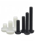 Nylon Cross Recessed Screws in black and white, various sizes, plastic fasteners for tech repairs, ideal for electronics assembly.