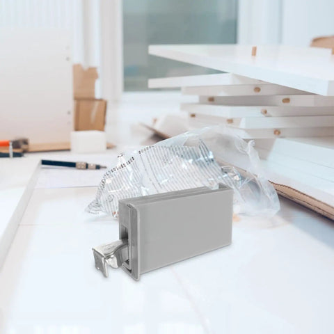 Heavy Duty Stainless Steel Concealed Cabinet Hinges With Soft Close placed on white table among unpackaged boards.