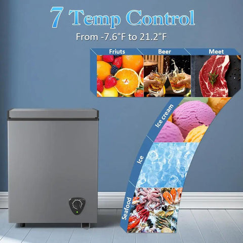 Compact 3.5 Cubic Feet Chest Freezer With Seven Adjustable Temperature Controls showcasing 7 temperature settings for versatile storage.