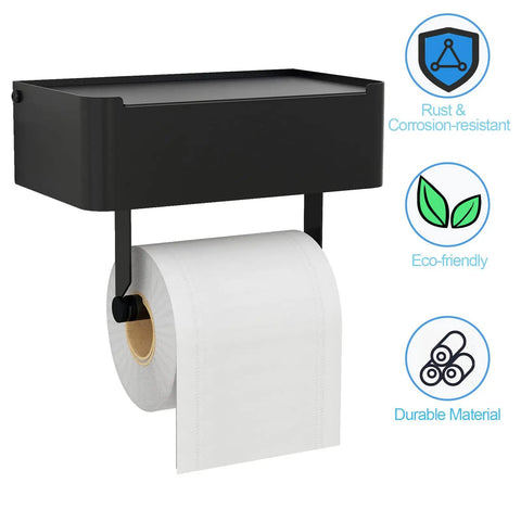 Toilet Paper Holder With Shelf And Flushable Wipes Dispenser Hidden Wipe Storage Matte Black Stainless Steel Wall Mount Organizer Durable Rust Resistant Bathroom Accessory shown with icons for rust resistance and eco-friendliness.