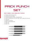 Prick Punch Set 4 Inch Hardened Steel 5 Pack With Knurled Grips And Plastic Case displayed with features and brand logo