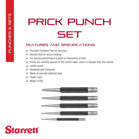 Prick Punch Set 4 Inch Hardened Steel 5 Pack With Knurled Grips And Plastic Case displayed with features and brand logo
