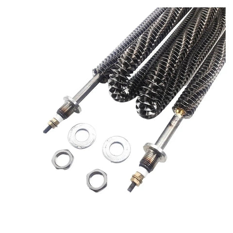 Close-up of Top Shelf Effortless Finned Tubular Heater 4000W 220V spiral coil and nuts for assembly.