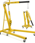Heavy Duty 4000 Lbs Engine Hoist Featuring Slick Hydraulic Levers And A Fold Flat Boom Frame For Hassle Free Garage Tidying, sharp yellow color.