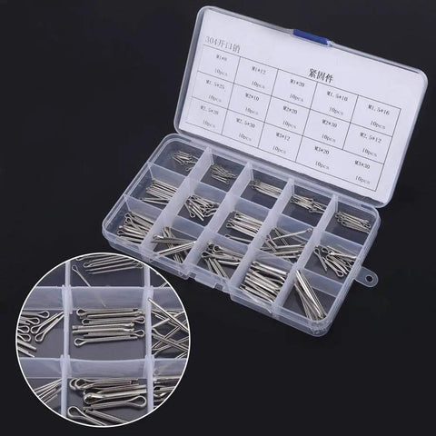 Heavy Duty Split Cotter Pin Kit 150 Pcs Set Featuring 15 Sizes M1-M3, 304 Stainless Steel Pins displayed in organized box.