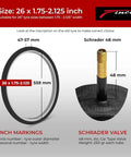 Diagram showing Two 26 Inch Bike Inner Tubes with Schrader Valve for 26x1.75 to 2.125 Tires, including tire size and valve measurements.
