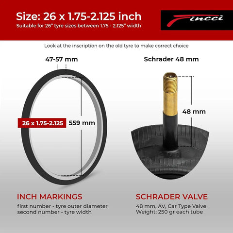 Diagram showing Two 26 Inch Bike Inner Tubes with Schrader Valve for 26x1.75 to 2.125 Tires, including tire size and valve measurements.