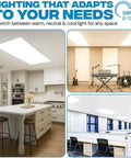 Smooth Upgrade With 6 Pack 2x4 Led Drop Ceiling Panels Featuring Zero Sweat Install, showing adjustable lighting in various modern spaces.