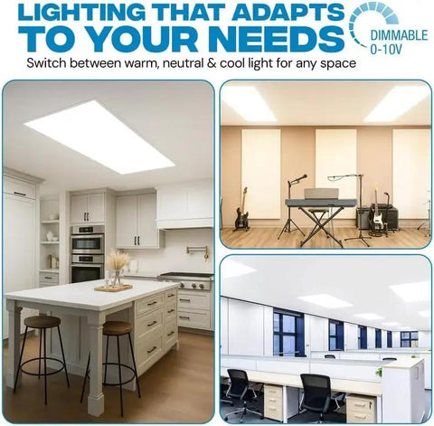 Smooth Upgrade With 6 Pack 2x4 Led Drop Ceiling Panels Featuring Zero Sweat Install, showing adjustable lighting in various modern spaces.