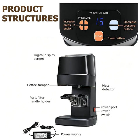 Top Pick Automatic Coffee Tamper With Smart Dial Pressure Control And Adjustable Stand For Espresso Shots and home barista workflows. Digital display visible.
