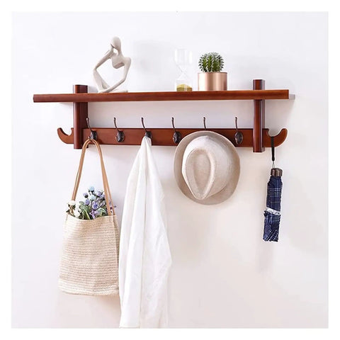Heavy Duty Wall Mounted Coat Hooks Rack Combines Classic Vibe for Securing Coats Hats Jackets Keys Towels in Kitchen Closet Living Room, wooden shelf with five hooks.