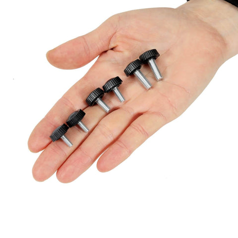 Hand holding 30 Pieces Knurled Thumb Screws Set With M4 M5 M6 Threaded Monitor Screws VESA Compatible Carbon Steel Clamping Knobs