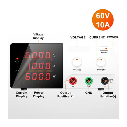 Pro Grade Variable DC Power Supply 60V 10A Beefy, Low Ripple High Precision Lab Regulator With Digital LED Readouts For Voltage And Current, Easy Coarse And Fine Adjustment Knobs, Constant Voltage Current Mode For Precise Electronics Work. front panel with 60V 10A display and output terminals
