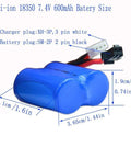 Li-ion 18350 7.4V 600mAh battery with XH3P and SM2P plugs, size and plug details displayed, blue casing.