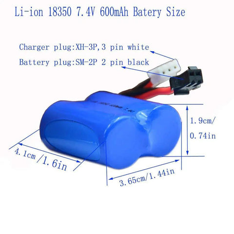 Li-ion 18350 7.4V 600mAh battery with XH3P and SM2P plugs, size and plug details displayed, blue casing.
