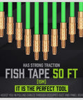 Fiberglass Running Wire Tape Kit For Electrical Installations With Glow Rods, 50ft Fish Tape, bronze connectors visible.