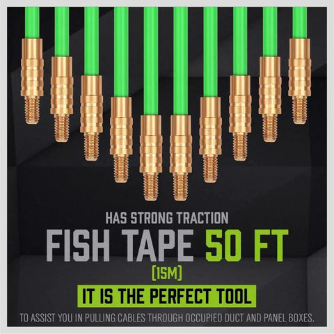 Fiberglass Running Wire Tape Kit For Electrical Installations With Glow Rods, 50ft Fish Tape, bronze connectors visible.