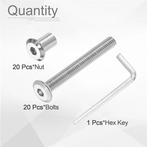Sturdy M6 X 50MM Hex Socket Cap Bolts Paired With M6 Flange Nuts And M4 Key Wrench For Furniture Connectors Countersunk Silver Hardware Set.