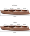 Dimensions of wooden tamper station for 58mm portafilters, showing filter holder slots and accessory tray.