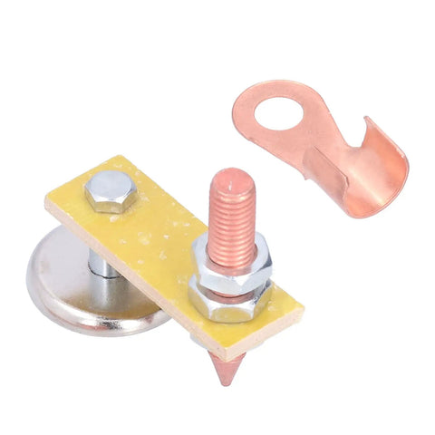 Heavy Duty Magnetic Welding Support With Super Strong Suction And Copper Tail Grounding Tool For Rock Solid Mechanical Repair Work, showing magnetic base and copper wire connection.