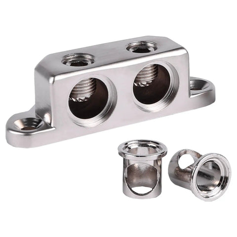 Beefy Ground Termination Block With Highly Conductive Zinc Alloy Three Mounting Points Two Five Millimeter Hex Set Screws And Two Reducers From One Zero To Four Gauge For Auto Audio System Wiring, zinc alloy ground block
