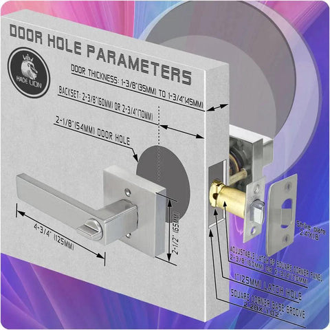 Six Pack Privacy Square Door Levers In Brushed Nickel Finish Keyless Privacy Locks With dimensions diagram and parts visible.
