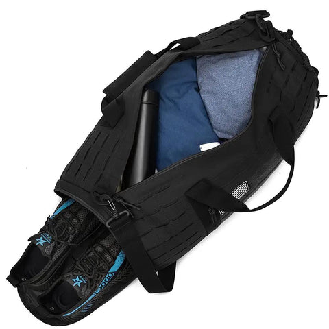 40L Military Tactical Duffle Bag for Men with Shoe Compartment open view showing shoes and packing space