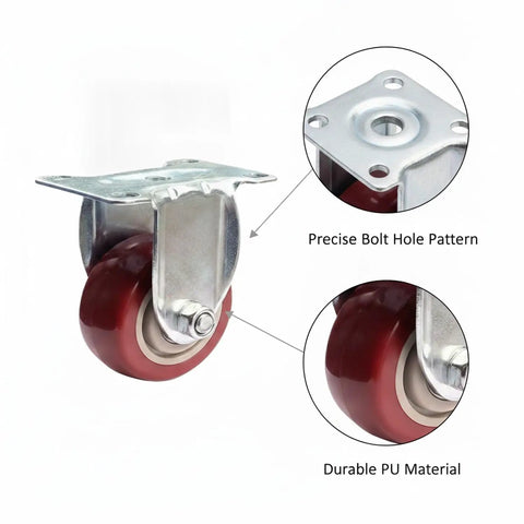 Red Polyurethane Plate Caster With Steel Core For Warehouse Carts And Service Trolleys, showcasing bolt hole pattern and PU material