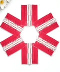 Six Pack Self Adhesive Transparent Piano Hinges 45mm arranged in hexagon on white surface