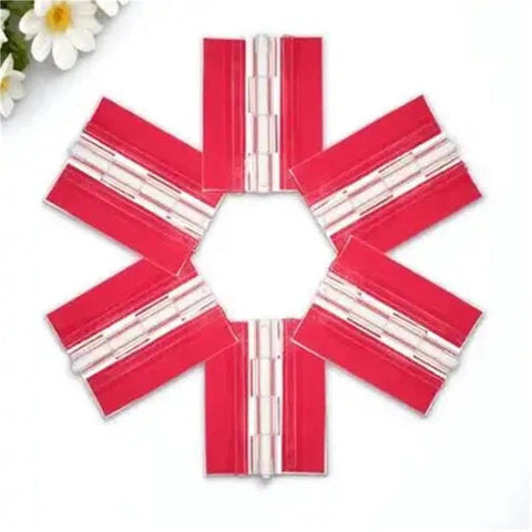 Six Pack Self Adhesive Transparent Piano Hinges 45mm arranged in hexagon on white surface
