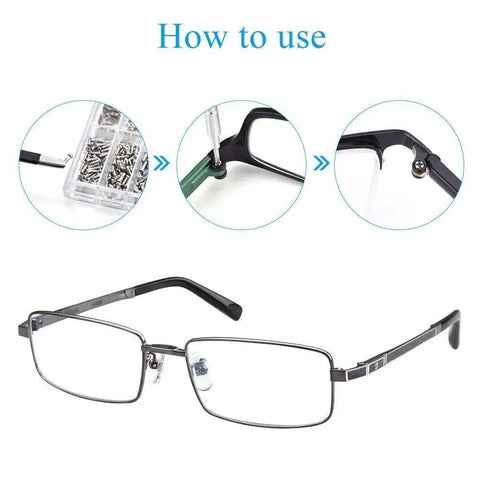 Premium Stainless Steel Glasses Screws Repair Kit With Micro Nuts Washers Hardware Set For Spectacles Watches And Gadgets 1000 Piece Collection shown in a step-by-step use demonstration.