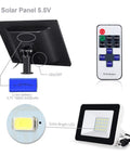 JUDYSSY Solar Floodlight Outdoor with 180° Angle Lighting Adjustable and Light Sensorremote Control featuring a solar panel and remote.