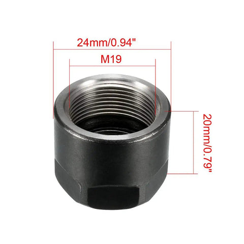 ER16 A M19 Collet Nut, hex design, 13mm hole, cast steel, 24x20mm, for CNC milling chuck holder, lathe replacement, heavy duty.