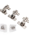 Three Piece Folding Cabinet Hinges Zinc Alloy With Soft Close Buffer 180 Degree Action Short Arm with screws on white background