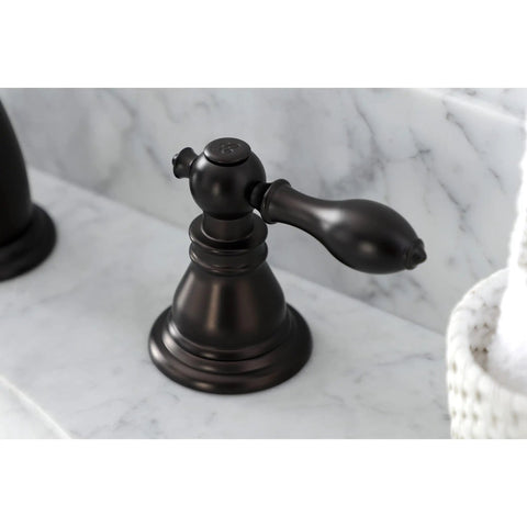 Oil Rubbed Bronze Widespread Bathroom Faucet with Solid Brass Build, close-up of handle on marble deck