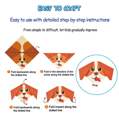 Origami Kit For Kids Ages Five To Twelve With Guiding Book 98 Double Sided Sheets And 47 Pattern Designs dog face folding instructions