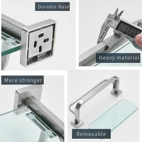 Heavy Duty Glass Bathroom Shelf With Towel Bar And Rail Wall Mount Storage Rack Stainless Steel SUS304 Brushed Nickel Finish Square Base details