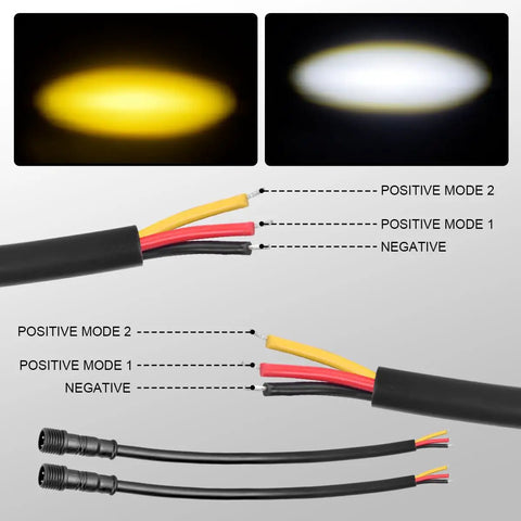 Two-Lead LED Light Wiring Harness With ON-OFF-ON Handlebar Switch, positive and negative wiring diagram for mode selection