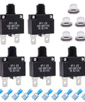 5 Piece 7 Amp Push To Reset Thermal Circuit Breaker Set With Waterproof Button Caps And Quick Connect Terminals 125 250V AC And 32V DC Single Pole Overload Protector Switches For Home Marine And DIY Electronics, black set with caps