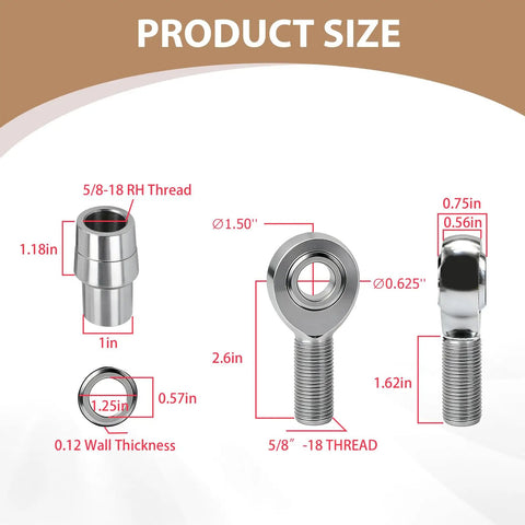 Two Pair 5/8 Inch Chromoly Heim Joint Rod End Kit With Spacers And Lock Nuts dimensions showing size specifications and threading details.