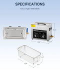 Diagram of the Pro Grade 6.5L Ultrasonic Cleaner With Knob 1.7 Gallon 40kHz Digital Heated Cavitation Cleaner dimensions.