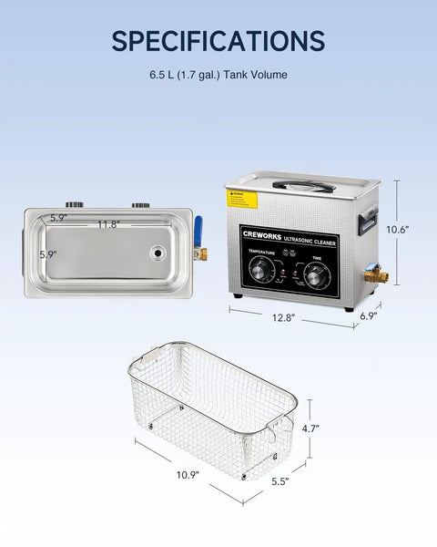 Diagram of the Pro Grade 6.5L Ultrasonic Cleaner With Knob 1.7 Gallon 40kHz Digital Heated Cavitation Cleaner dimensions.