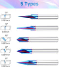 Five types of Premium CNC Wood Carving Router Bit Set With One Quarterly Inch Shank, displaying varying angles for precise cuts.