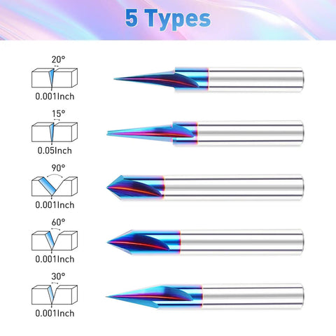 Five types of Premium CNC Wood Carving Router Bit Set With One Quarterly Inch Shank, displaying varying angles for precise cuts.