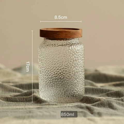 Premium Glass Coffee Canister With Secure Locking Lid, 850ml size, clear textured glass, 8.5cm by 17cm, for kitchen storage.