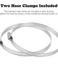 Close-up of two stainless steel clamps for flexible 4 inch air ducting hose for HVAC ventilation, included with product