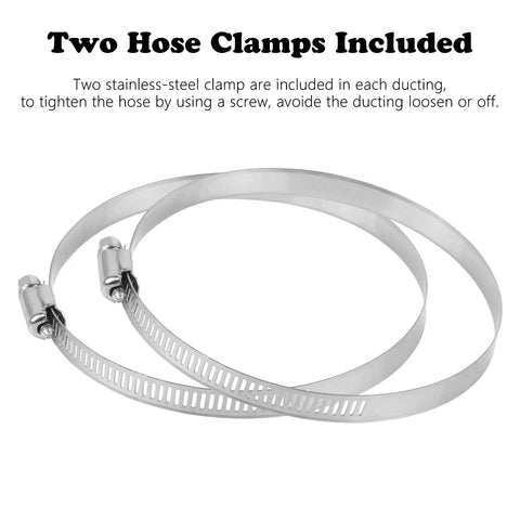 Close-up of two stainless steel clamps for flexible 4 inch air ducting hose for HVAC ventilation, included with product