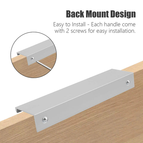Back Mount Finger Edge Pulls 2 Pack 80mm Aluminum Hidden Handle Concealed Tab installed on wooden drawer